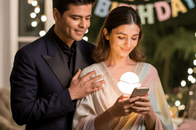 Create a high-resolution image of Indian filmmaker Karan Johar standing beside actress Alia Bhatt at a midnight birthday party. Alia wears a soft pastel saree and holds a phone with a baby emoji glowing on the screen. Karan smiles warmly, slightly mysterious. The background is dimly lit with fairy lights and a “Happy Birthday” banner. Emotion: mysterious, intimate, hinting a secret.